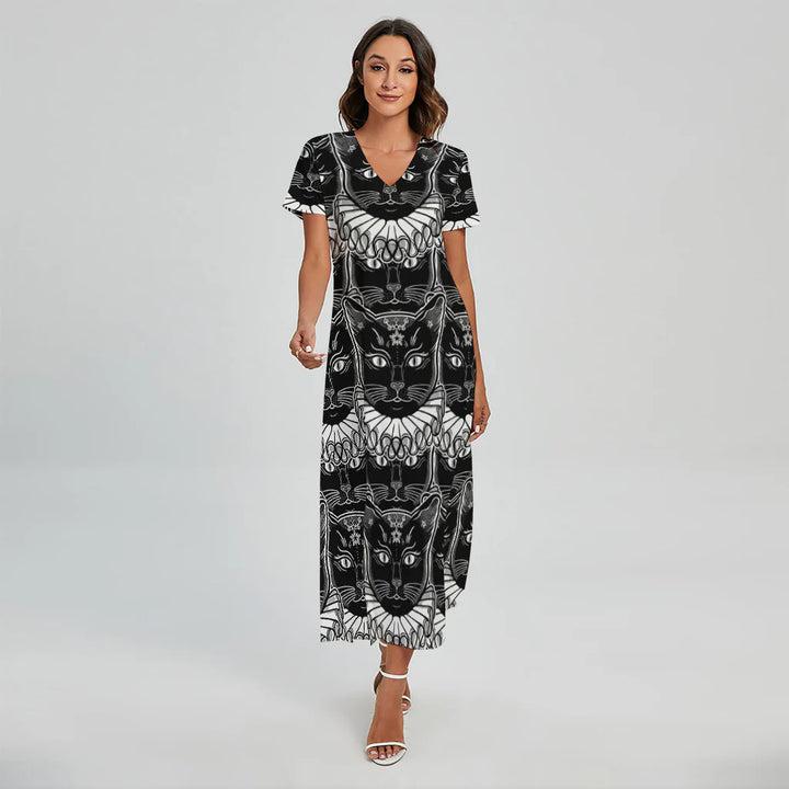 Black And White Gothic Wiccan Cat Print Short Sleeve Maxi Dress