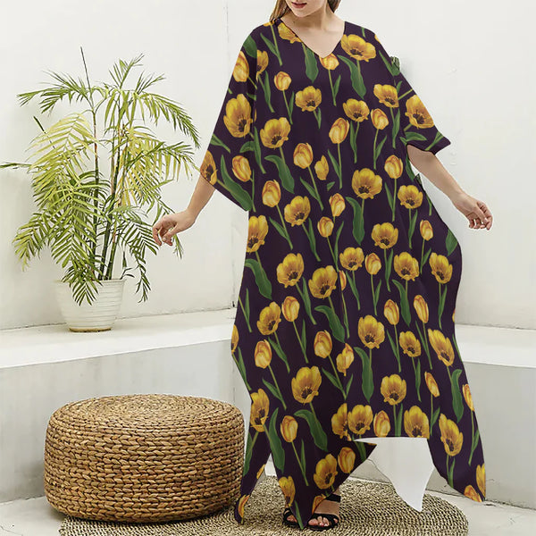 Yellow Tulip Flower Pattern Print Silk V-Neck Kaftan Dress