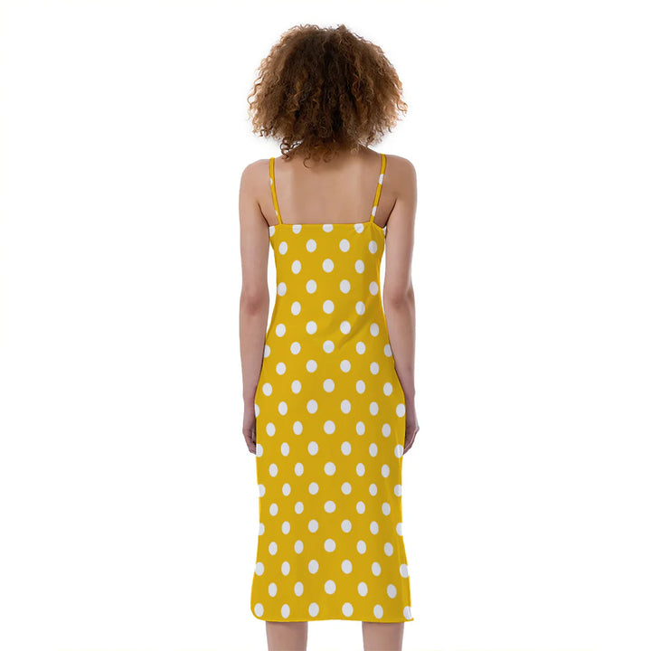 Yellow And White Polka Dot Pattern Print Slim Fit Midi Cami Dress