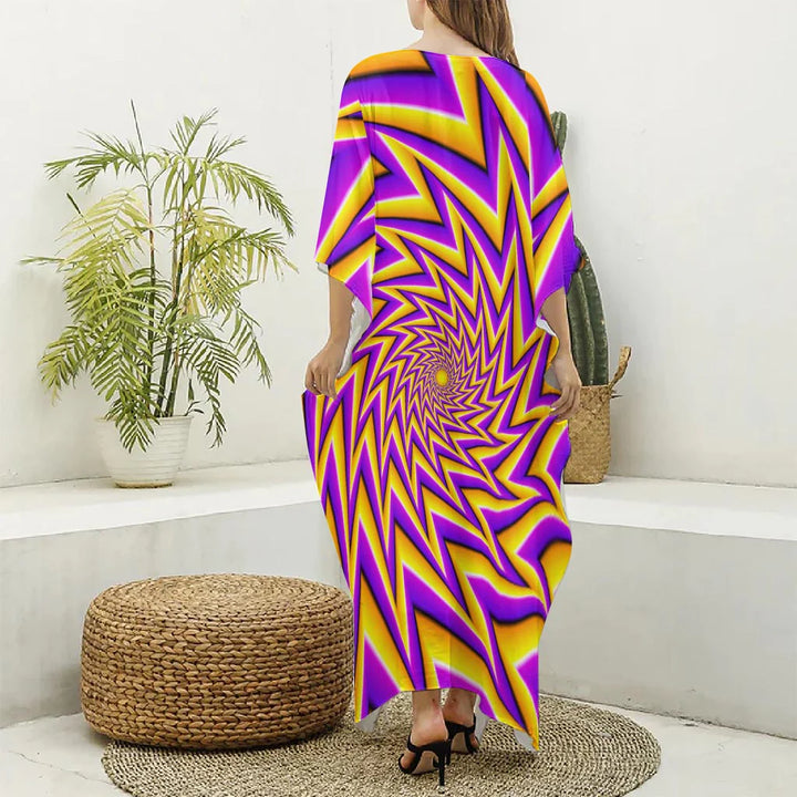 Yellow Big Bang Moving Optical Illusion Silk V-Neck Kaftan Dress