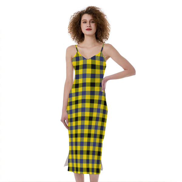 Yellow Black And Navy Plaid Print Slim Fit Midi Cami Dress