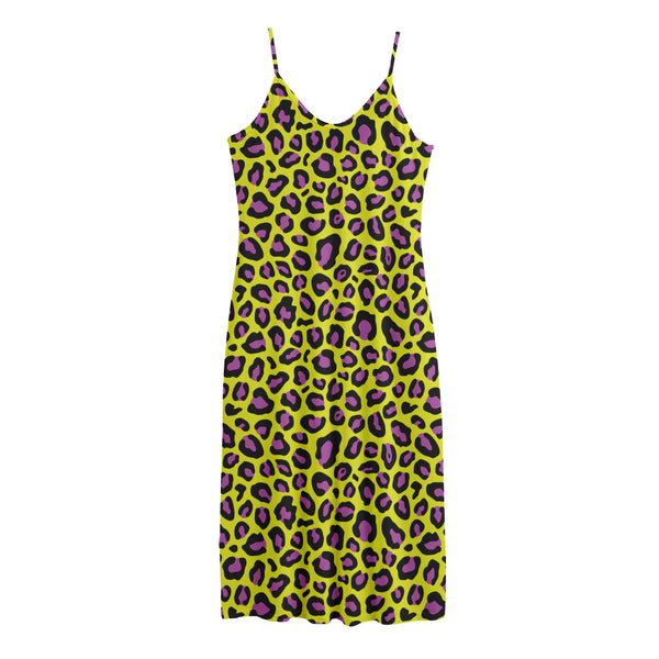 Yellow And Purple Leopard Pattern Print Jersey Midi Cami Dress