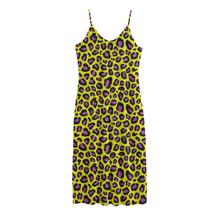 Yellow And Purple Leopard Pattern Print Jersey Midi Cami Dress