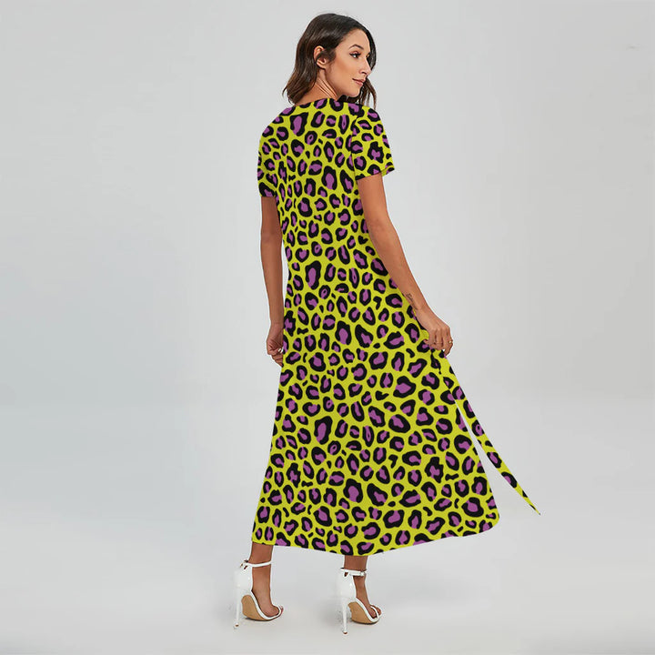 Yellow And Purple Leopard Pattern Print Short Sleeve Maxi Dress