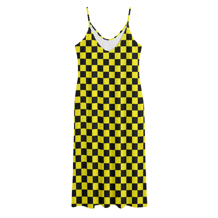 Yellow And Black Checkered Pattern Print Jersey Midi Cami Dress