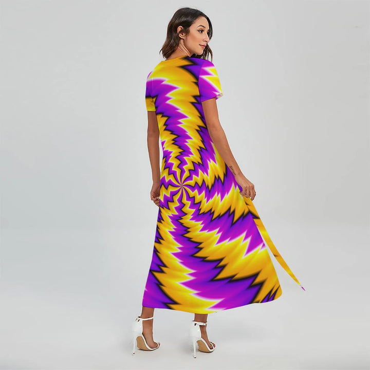 Yellow Vortex Moving Optical Illusion Short Sleeve Maxi Dress