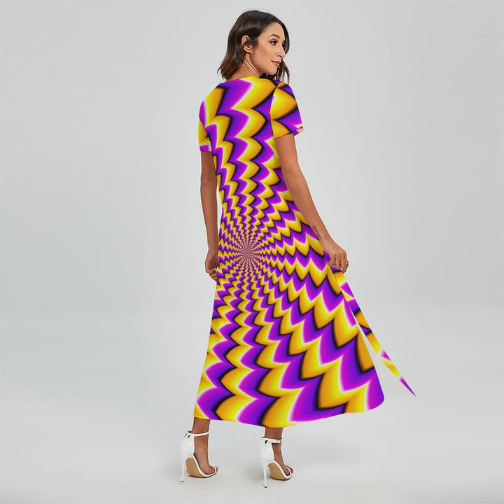 Yellow Dizzy Moving Optical Illusion Short Sleeve Maxi Dress