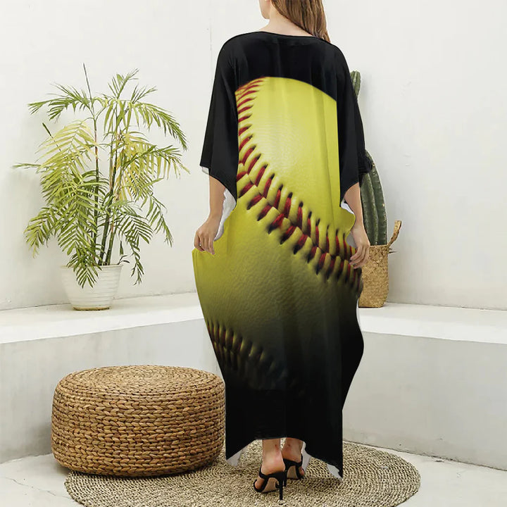 Yellow Softball Ball Print Silk V-Neck Kaftan Dress