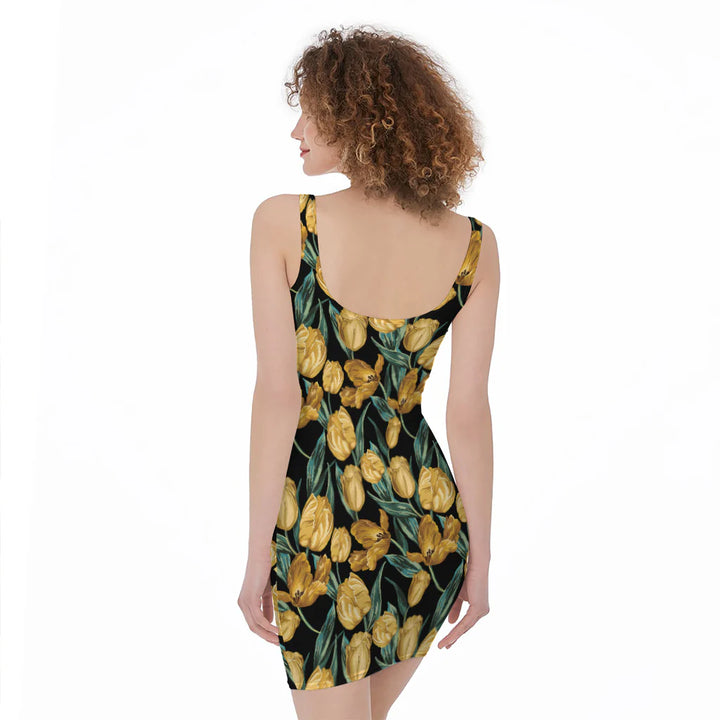 Yellow Tulip Floral Pattern Print Sleeveless Bodycon Dress
