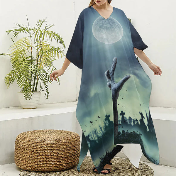 Zombie Hand Rising From Grave Print Silk V-Neck Kaftan Dress