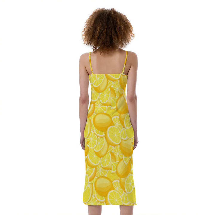 Yellow Lemon Pattern Print Slim Fit Midi Cami Dress