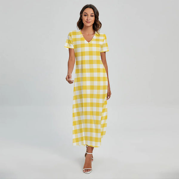 Yellow And White Gingham Pattern Print Short Sleeve Maxi Dress
