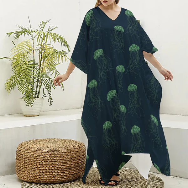 Zentangle Jellyfish Pattern Print Silk V-Neck Kaftan Dress