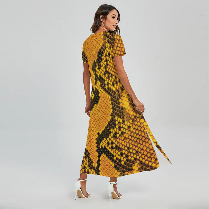 Yellow And Black Snakeskin Print Short Sleeve Maxi Dress