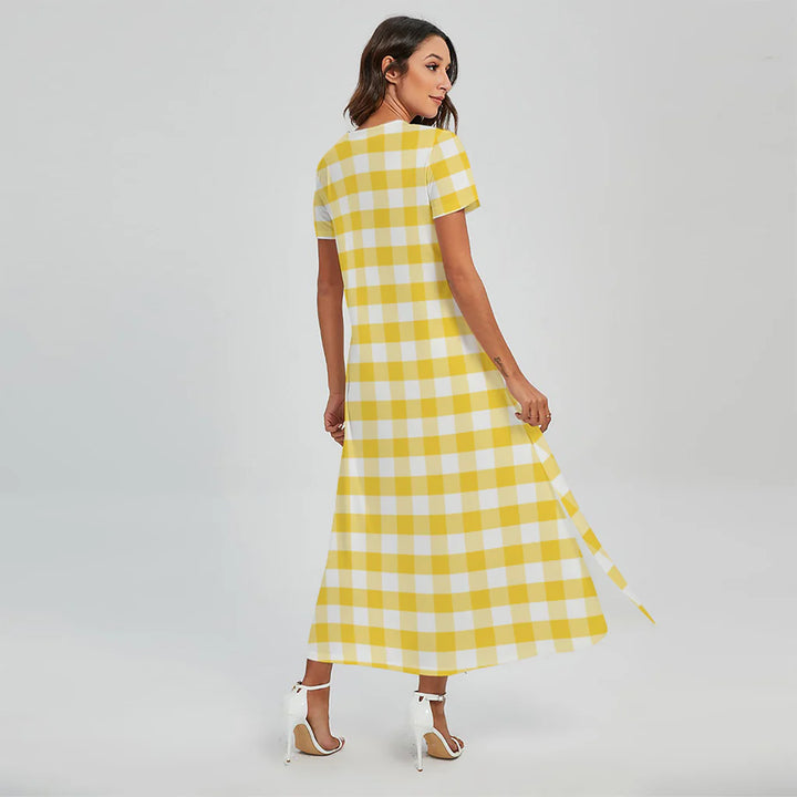 Yellow And White Gingham Pattern Print Short Sleeve Maxi Dress