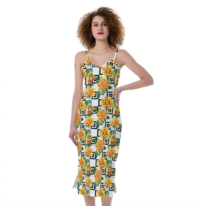 Yellow Watercolor Rose Print Slim Fit Midi Cami Dress
