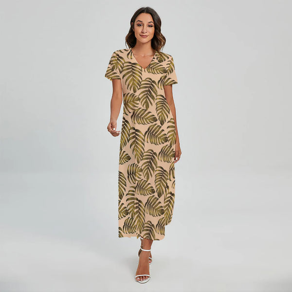 Yellow Monstera Leaves Pattern Print Short Sleeve Maxi Dress