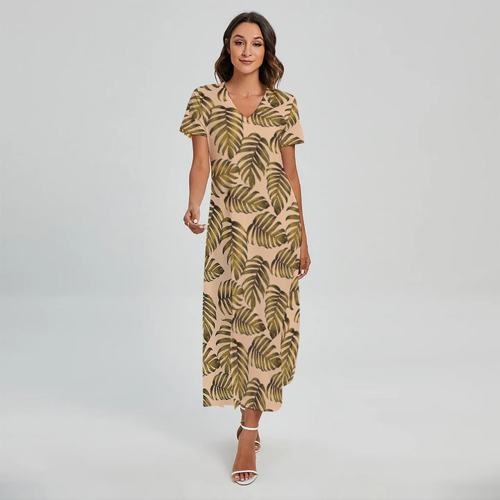Yellow Monstera Leaves Pattern Print Short Sleeve Maxi Dress