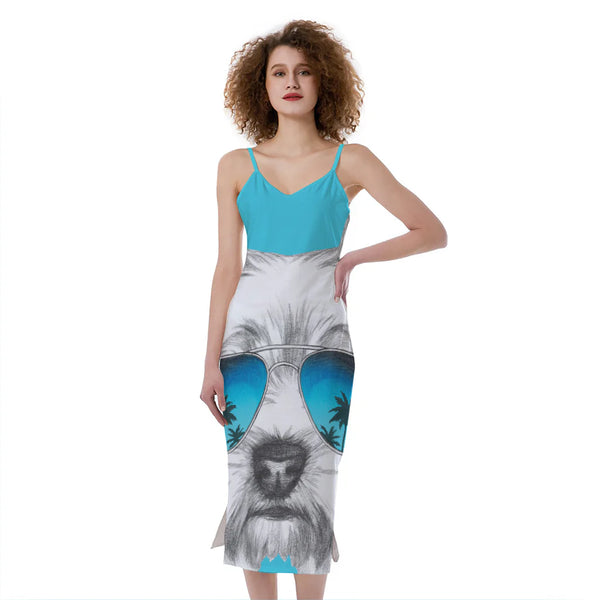Yorkshire Terrier With Sunglasses Print Slim Fit Midi Cami Dress