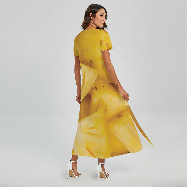 Yellow Pineapple Pieces Print Short Sleeve Maxi Dress