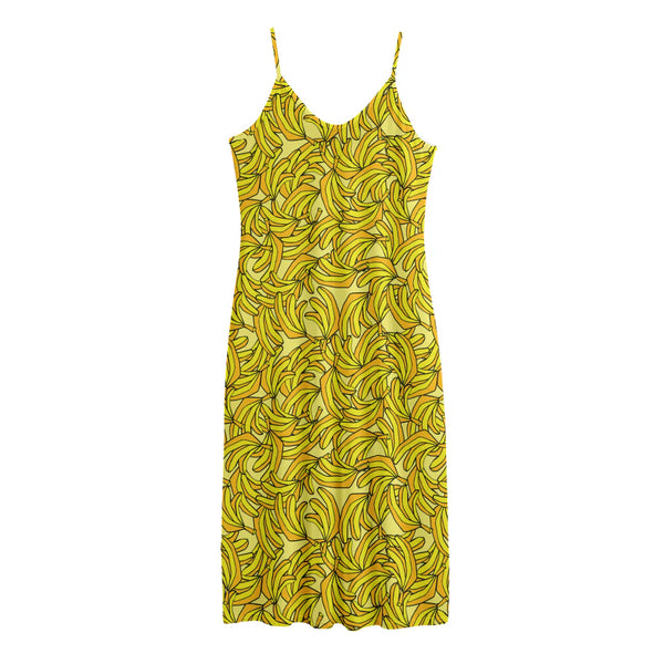 Yellow Geometric Banana Pattern Print Jersey Midi Cami Dress