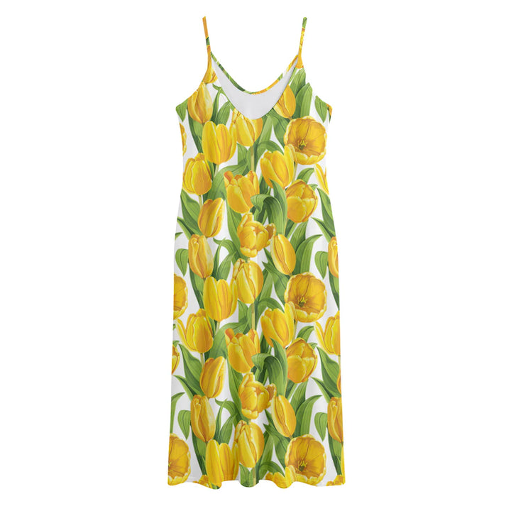 Yellow Spring Tulip Pattern Print Jersey Midi Cami Dress