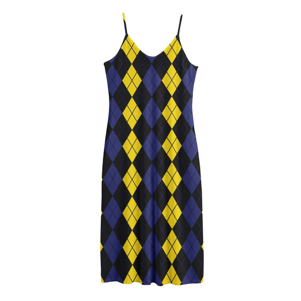 Yellow Black And Blue Argyle Print Jersey Midi Cami Dress
