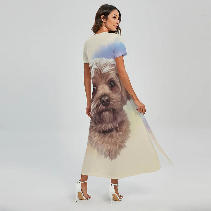 Yorkshire Terrier Portrait Print Short Sleeve Maxi Dress