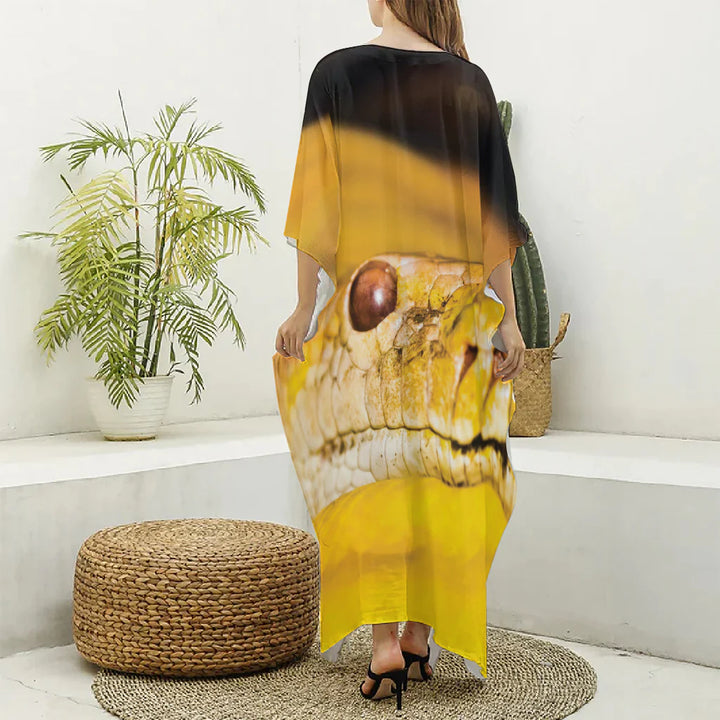 Yellow Python Snake Print Silk V-Neck Kaftan Dress