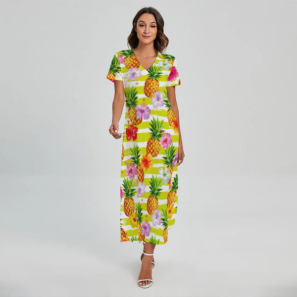 Yellow Striped Pineapple Pattern Print Short Sleeve Maxi Dress