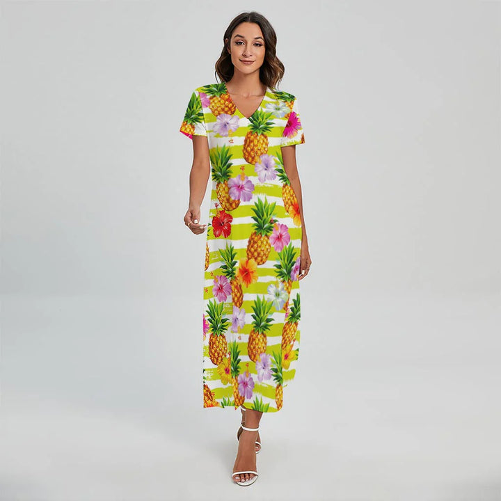 Yellow Striped Pineapple Pattern Print Short Sleeve Maxi Dress