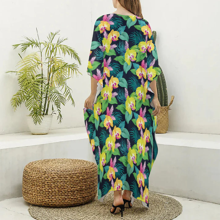 Yellow Orchid Pattern Print Silk V-Neck Kaftan Dress
