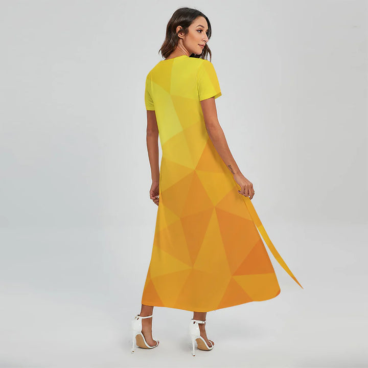 Yellow Polygonal Geometric Print Short Sleeve Maxi Dress