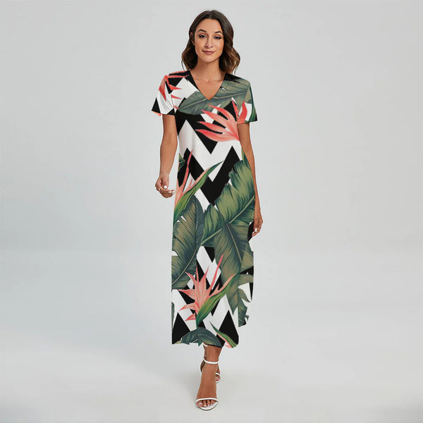 Zig Zag Tropical Pattern Print Short Sleeve Maxi Dress