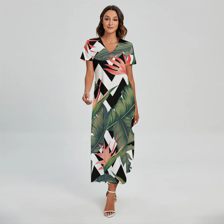 Zig Zag Tropical Pattern Print Short Sleeve Maxi Dress