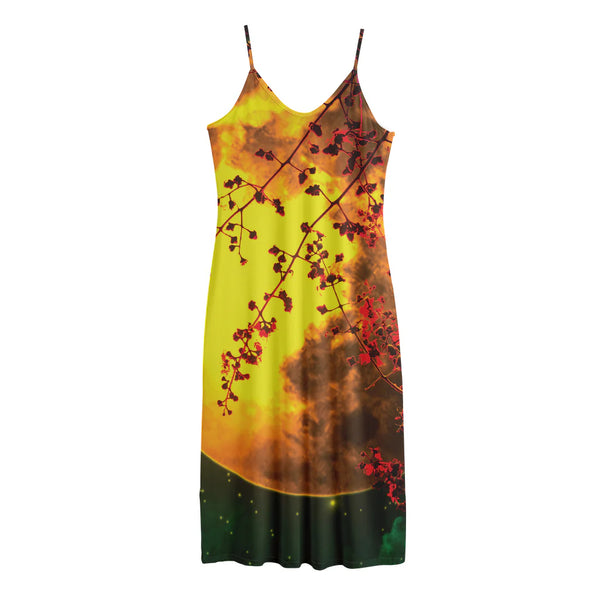 Yellow Full Moon Print Jersey Midi Cami Dress