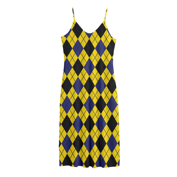 Yellow Blue And Black Argyle Print Jersey Midi Cami Dress