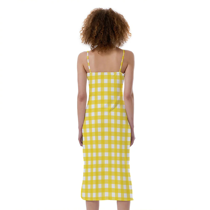 Yellow And White Check Pattern Print Slim Fit Midi Cami Dress