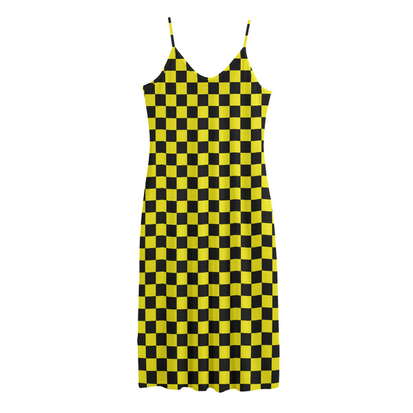 Yellow And Black Checkered Pattern Print Jersey Midi Cami Dress