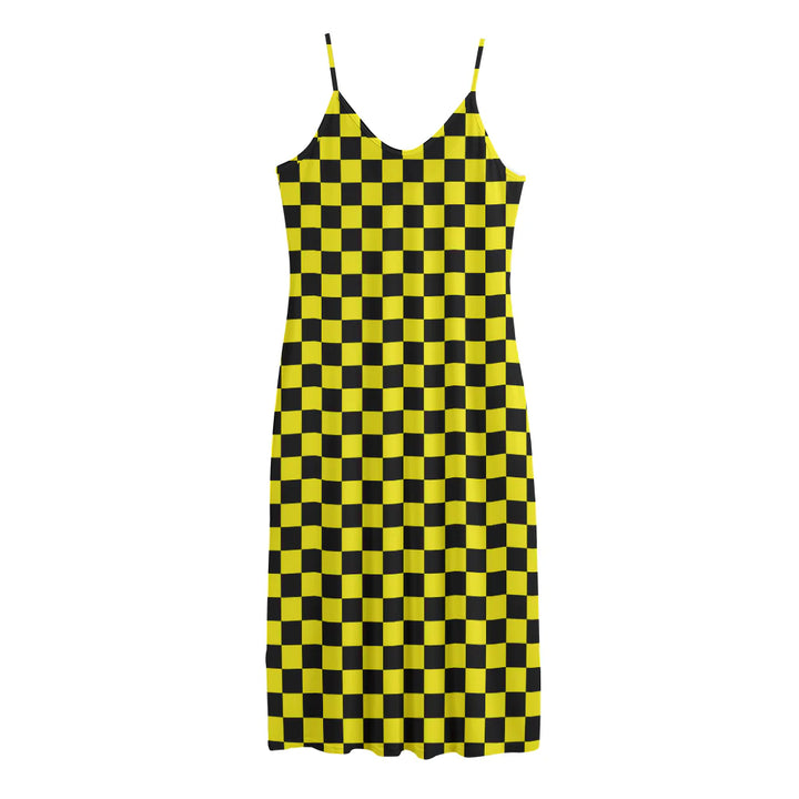 Yellow And Black Checkered Pattern Print Jersey Midi Cami Dress