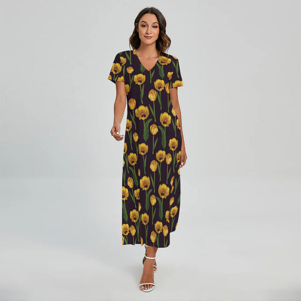Yellow Tulip Flower Pattern Print Short Sleeve Maxi Dress