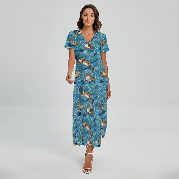 Cartoon Tiger Pattern Print Short Sleeve Maxi Dress