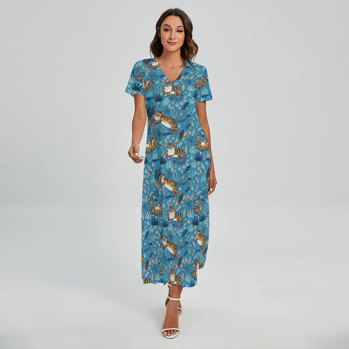 Cartoon Tiger Pattern Print Short Sleeve Maxi Dress