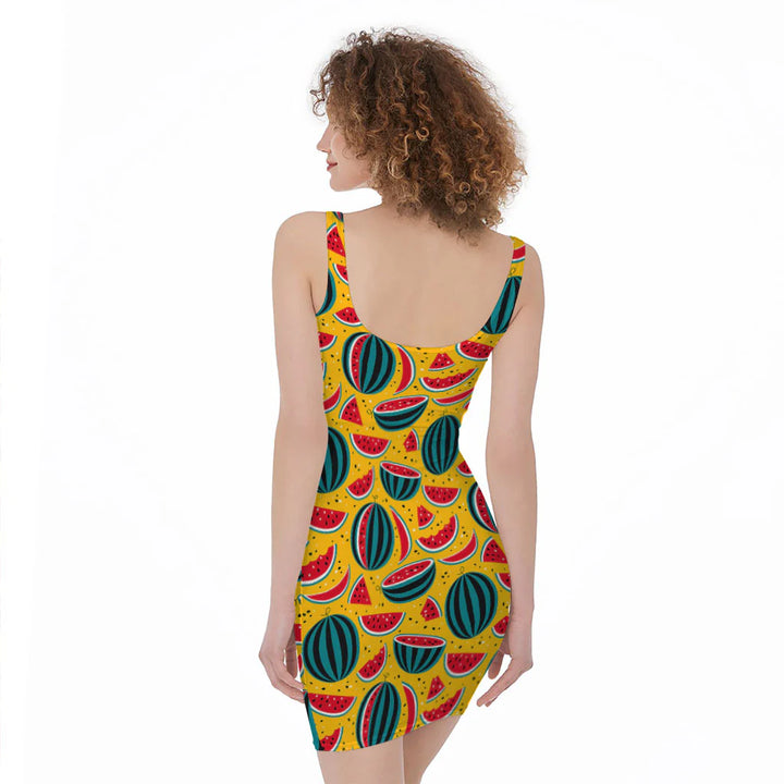 Yellow Watermelon Pieces Pattern Print Sleeveless Bodycon Dress