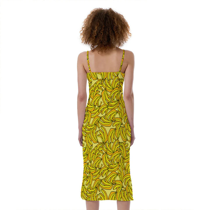 Yellow Geometric Banana Pattern Print Slim Fit Midi Cami Dress