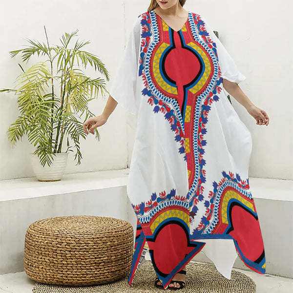 Red And White African Dashiki Print Silk V-Neck Kaftan Dress