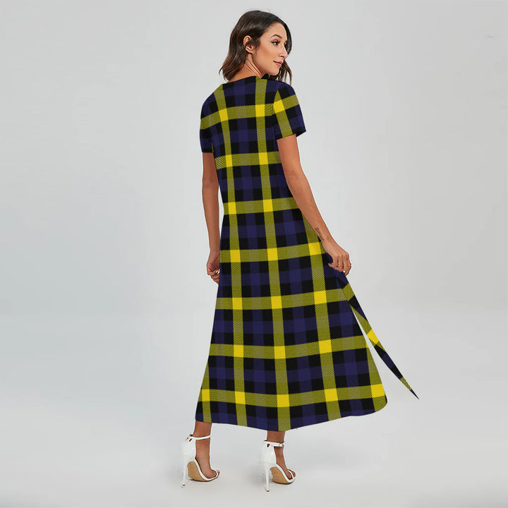 Yellow Navy And Black Plaid Print Short Sleeve Maxi Dress