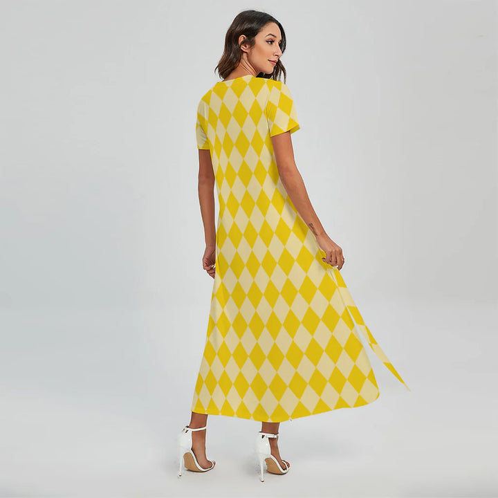 Yellow Harlequin Pattern Print Short Sleeve Maxi Dress