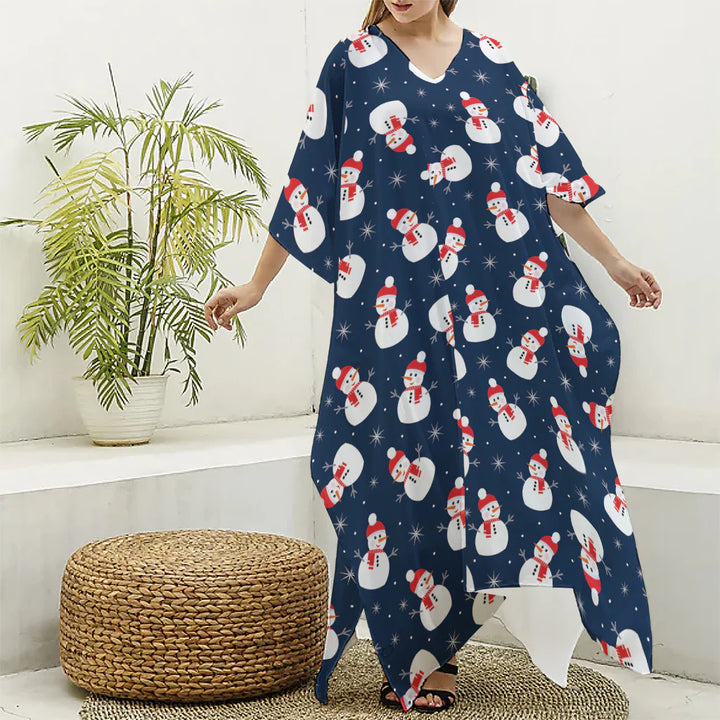 Xmas Snowman Pattern Print Silk V-Neck Kaftan Dress