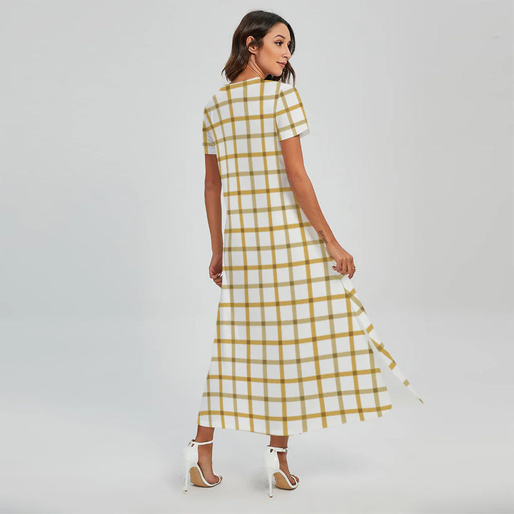Yellow And Beige Tattersall Print Short Sleeve Maxi Dress